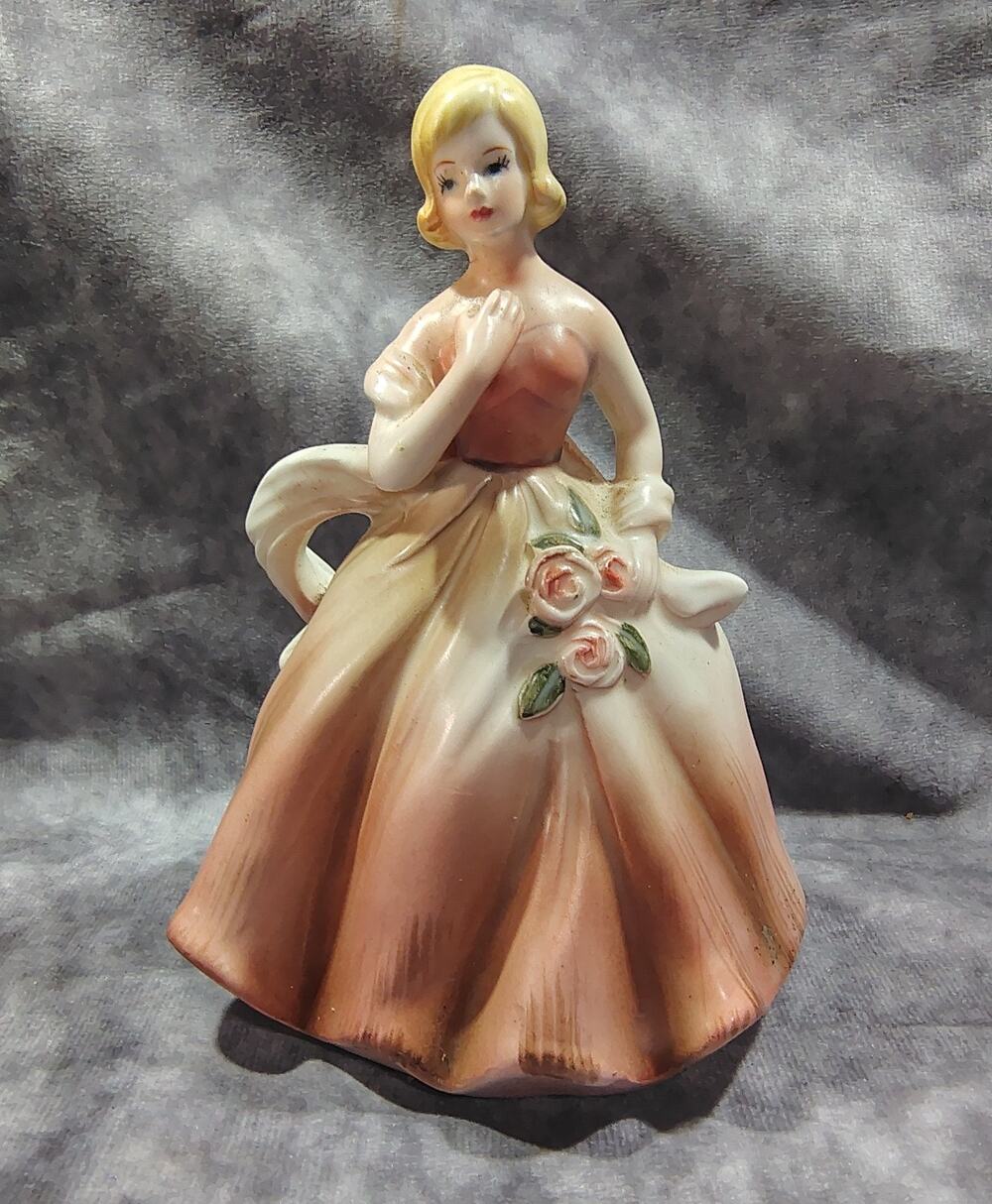 Vintage Napcoware Lady Planter Figurine C-6362 Japan Pink Dress Roses 5.5" Tall